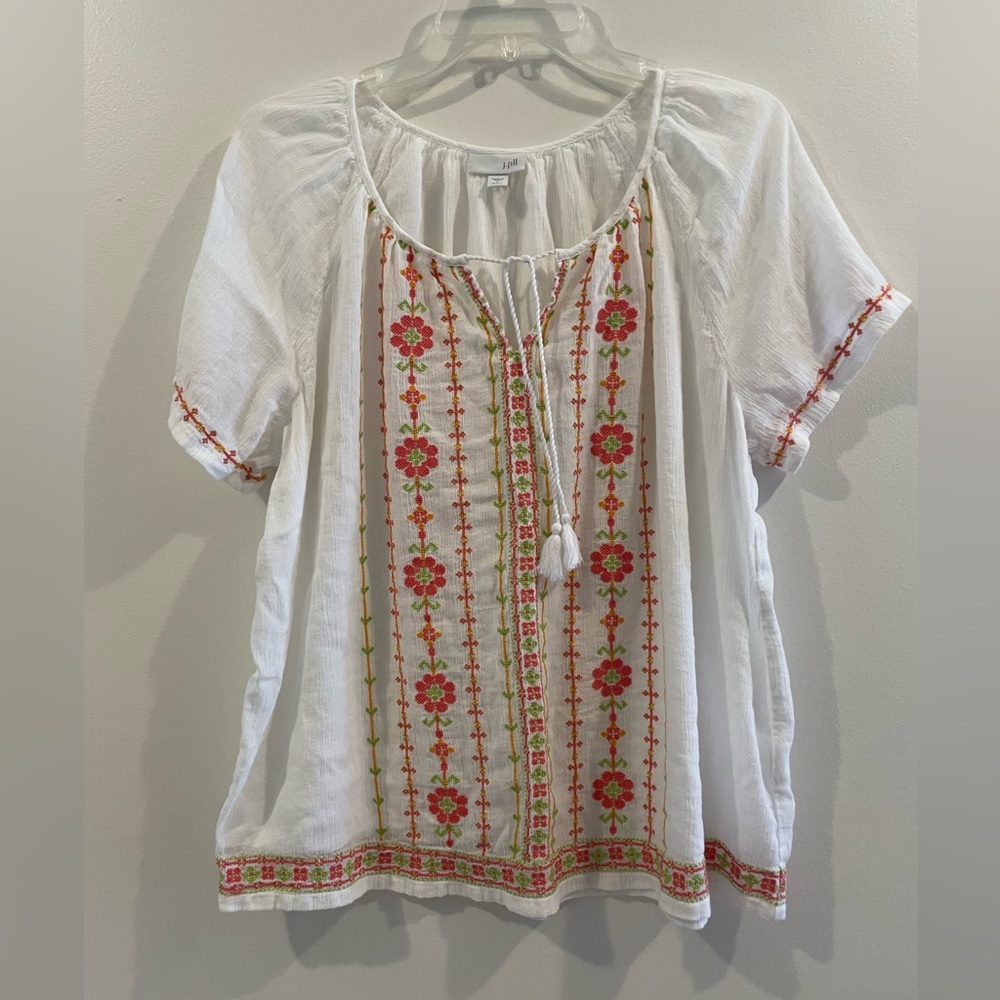 J Jill Embroidered Cotton Blend Short Sleeved Popover Top Petite Large